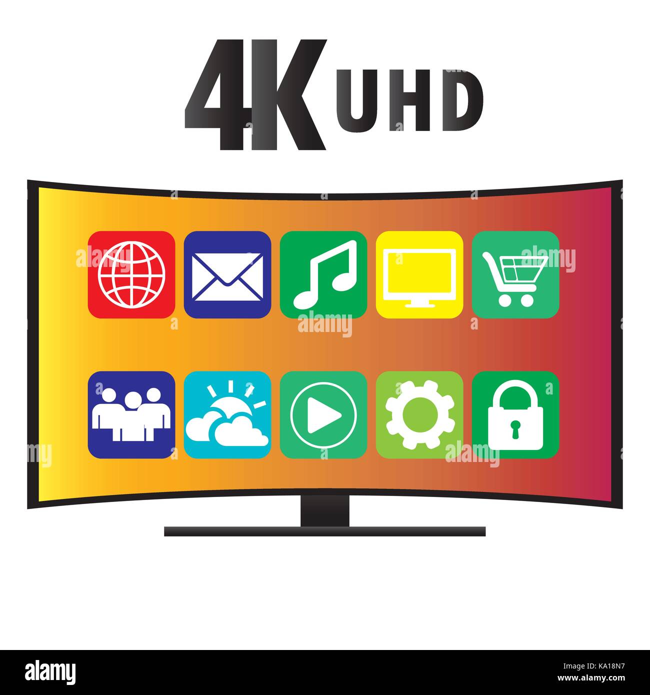 4K Ultra HD Modern Curved Screen Smart TV with icons of various applications, flat vector illustration Stock Vector
