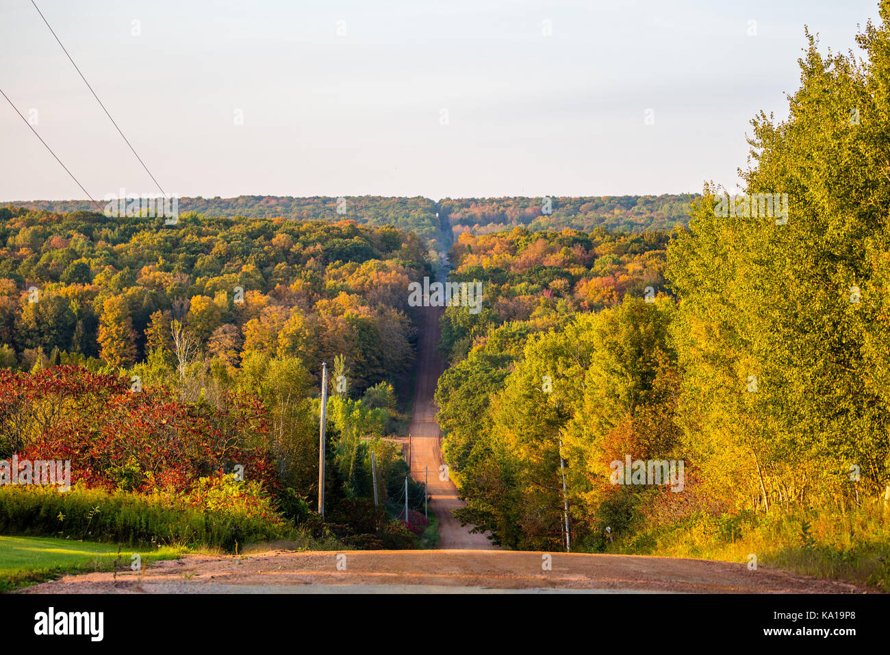 Steep gravel road going through a colorful Wisconsin forest in early autumn Stock Photo