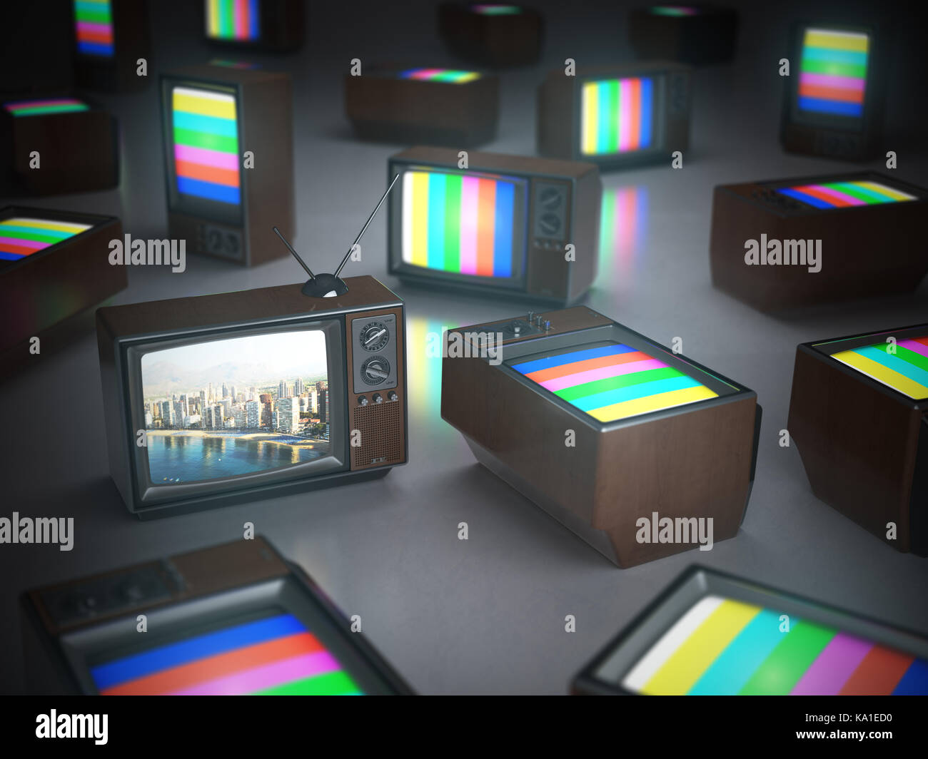 Pile of vintage TV with one in standby. TV channels concept 3d illustration Stock Photo