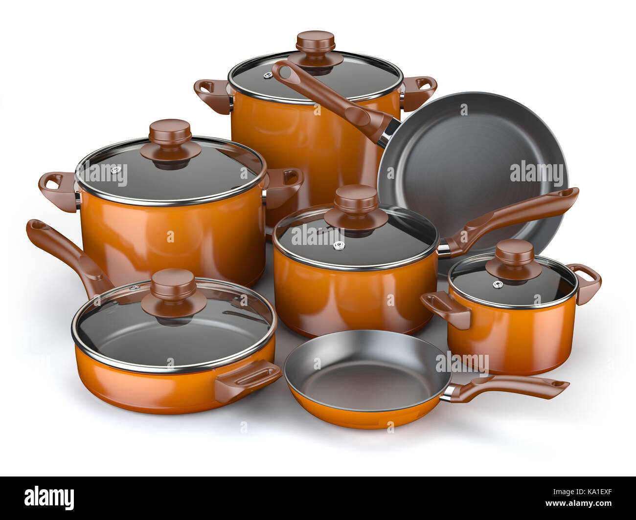 Pots and pans. Set of cooking kitchen utensils and cookware. 3d  illustration Stock Photo - Alamy