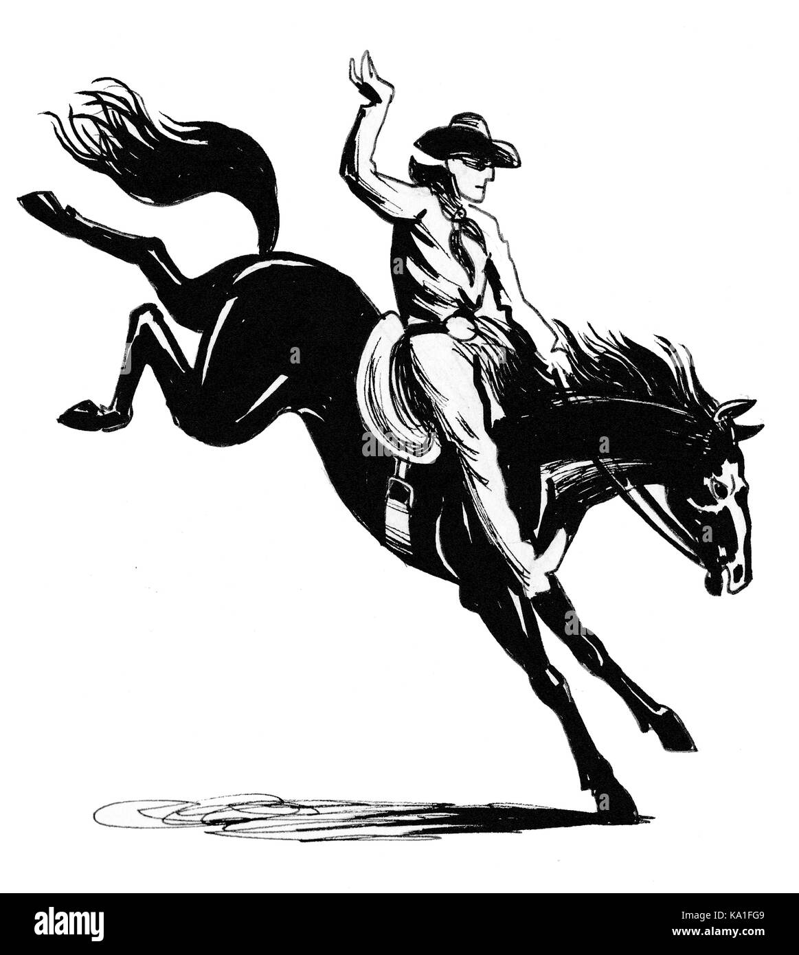 Illustration rodeo cowboy riding horse Black and White Stock Photos ...