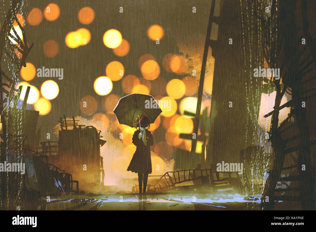 rainy night scene of woman holding umbrella standing alone in abandoned city, digital art style, illustration painting Stock Photo