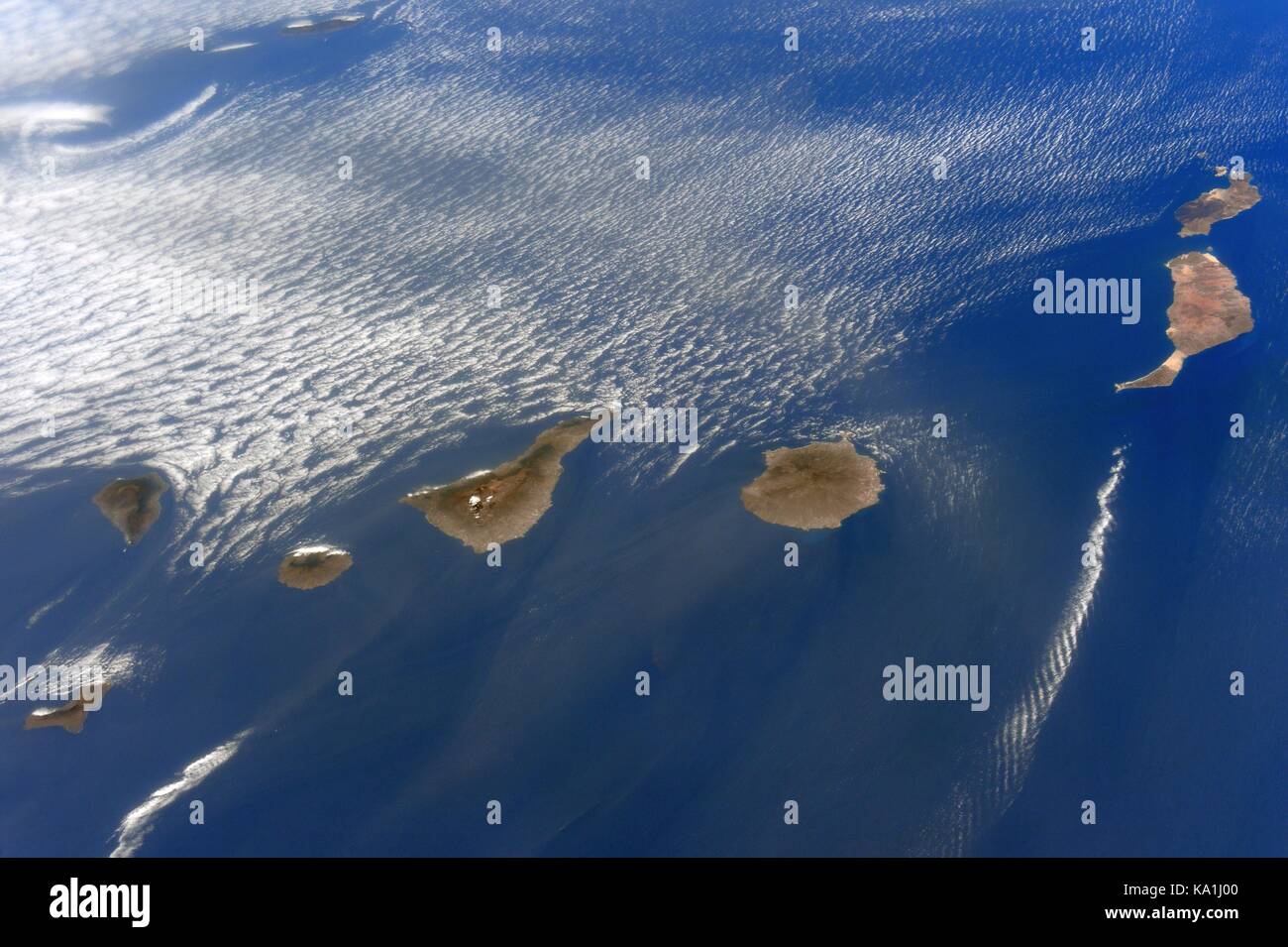 View from the International Space Station of funnel clouds over Canary