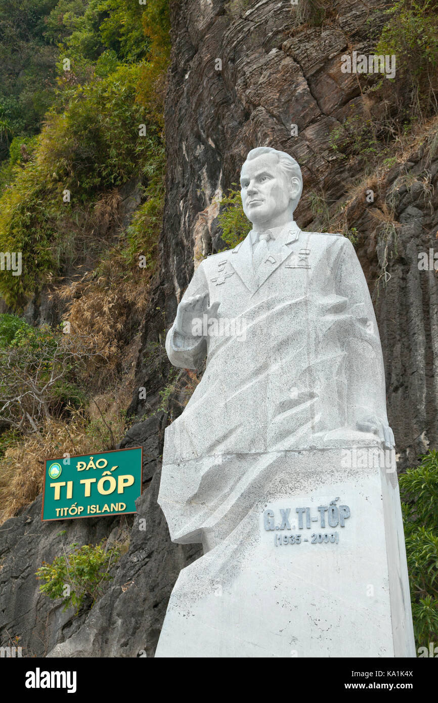 Statue of cosmonaut Gherman Titov, Ti Top island, Halong Bay, Vietnam Stock Photo