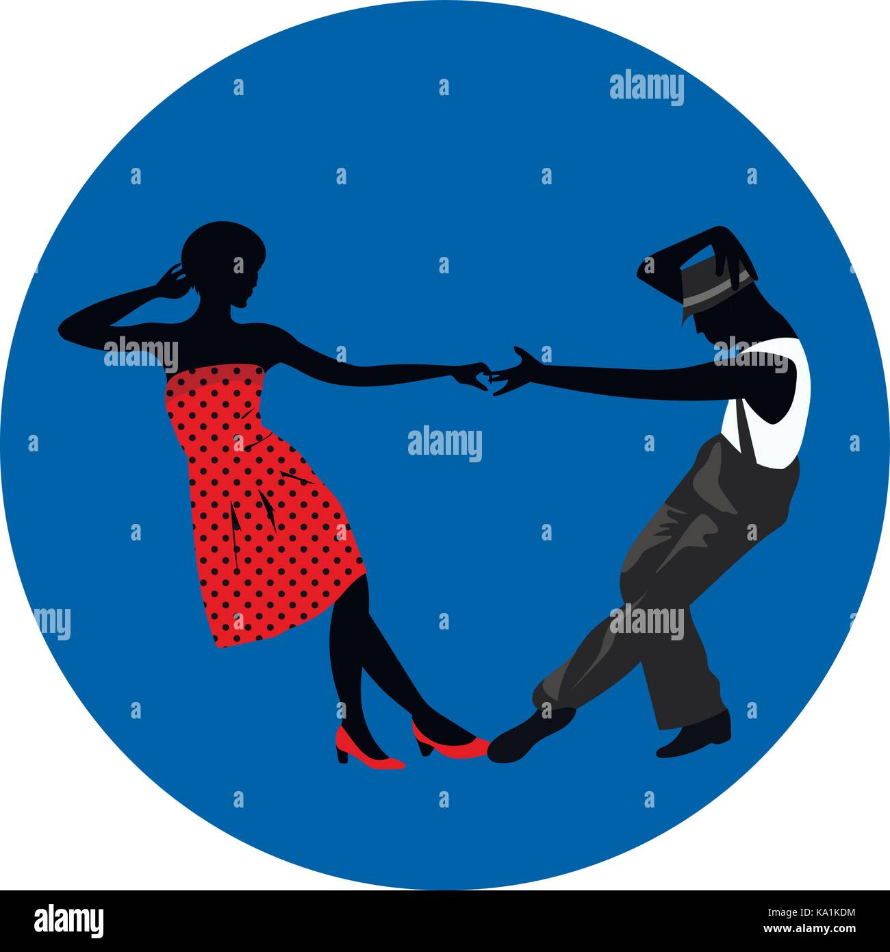 Couple man and woman dancing, vintage dance, black silhouettes and color dress up Stock Vector