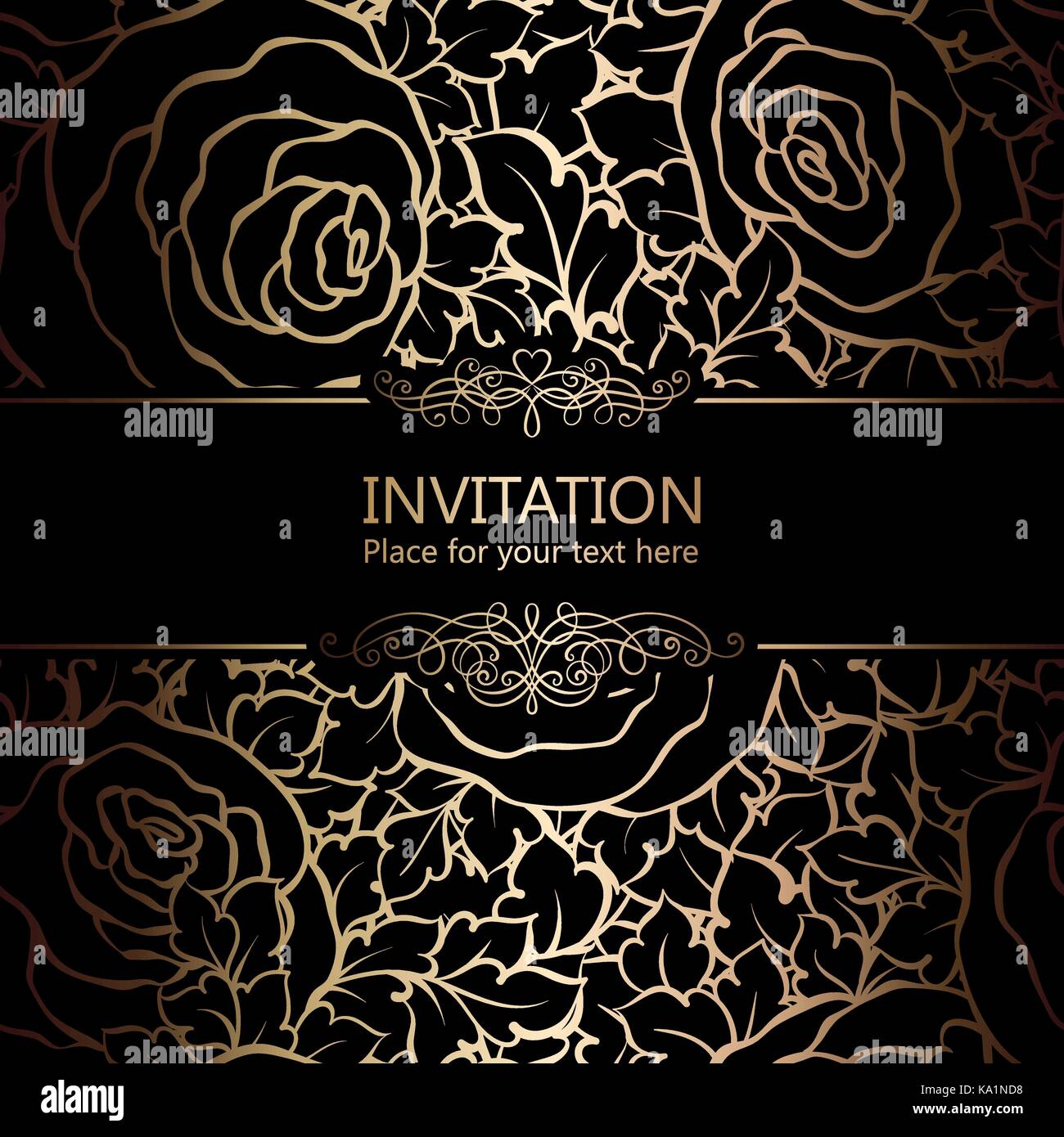 Abstract background with roses, luxury black and gold vintage frame, victorian banner, damask floral wallpaper ornaments, invitation card, baroque sty Stock Vector