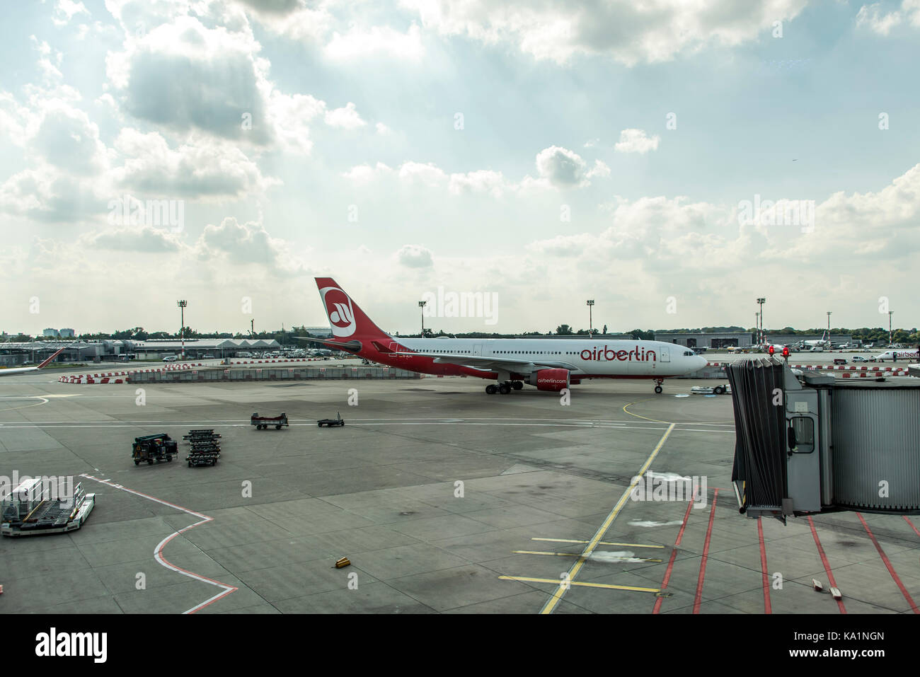 DUSSELDORF, GERMANY - SEPTEMBER 03, 2017: Airbus A320 Air Berlin at the airport of Dusseldorf while taxiing Stock Photo
