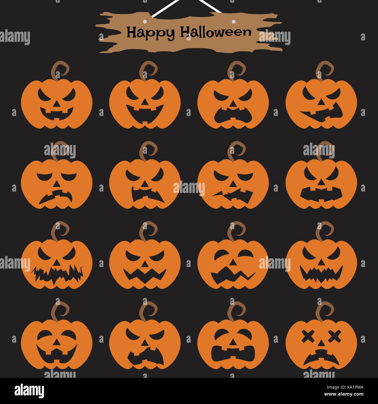 Vector Easy-To-Use 16 Flat Emoticons Of Pumpkin As Different Facial Expressions On Black Background With  Happy Halloween Plank Hung Above Stock Vector