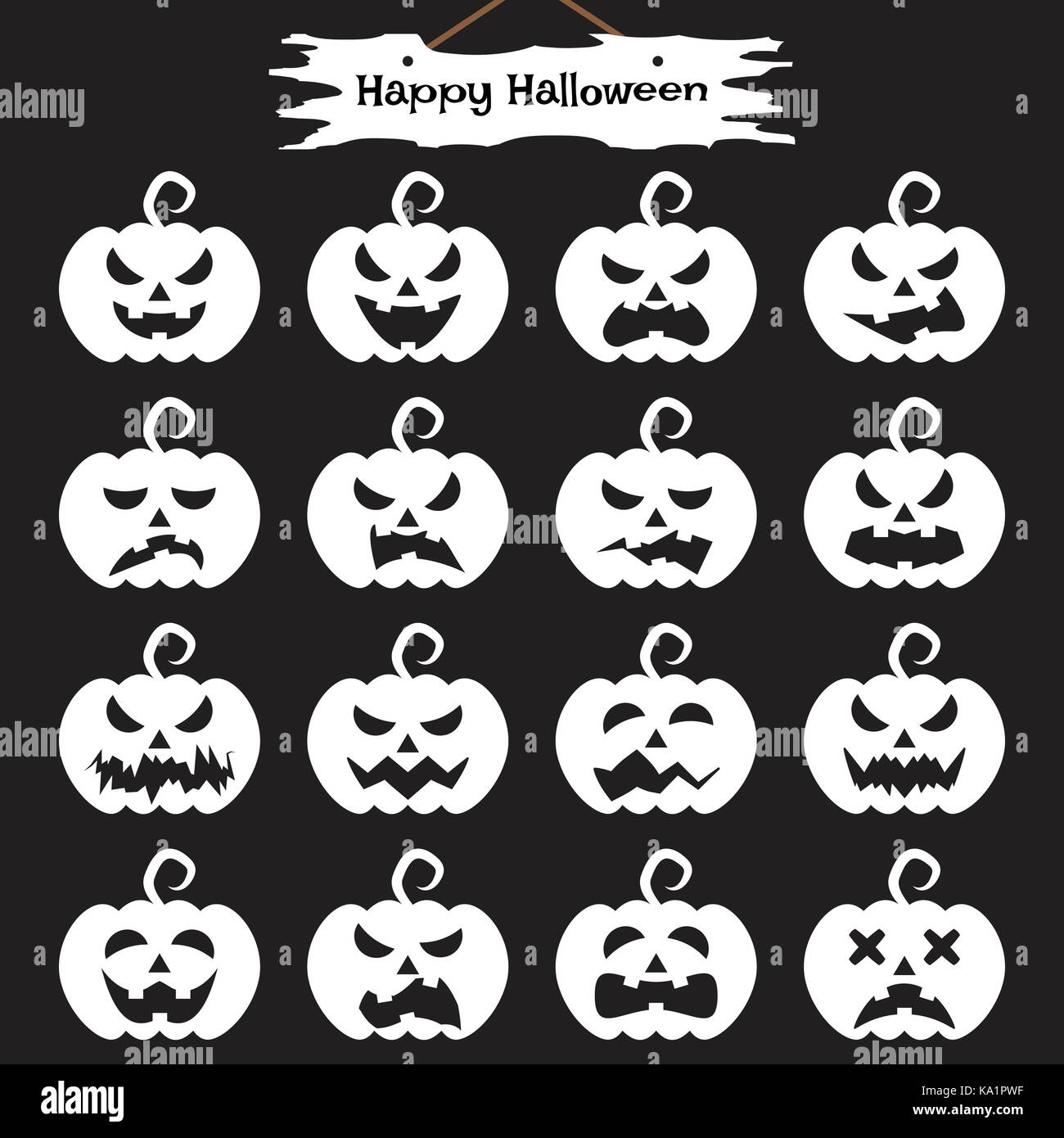 Vector Easy-To-Use 16 Flat Emoticons Of White Pumpkin As Different Facial Expressions On Black Background With  Happy Halloween Plank Hung Above Stock Vector