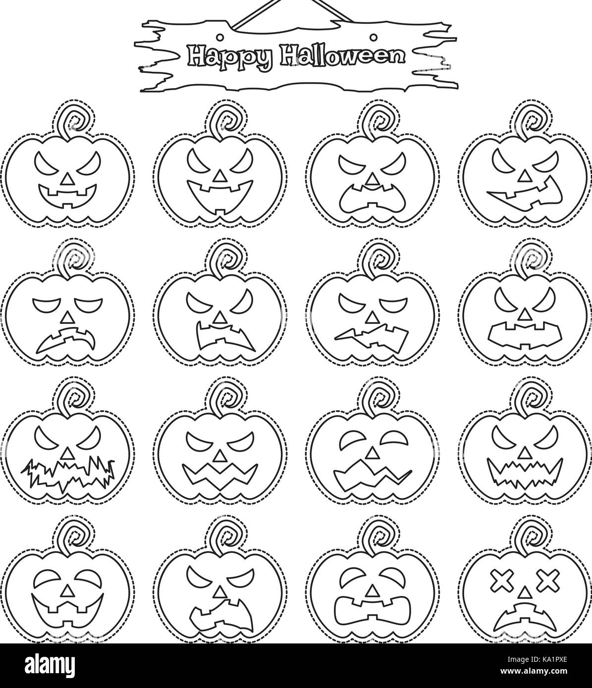 Vector Easy-To-Use 16 Line Emoticons Of Pumpkin As Sticker Different Facial Expressions On White Background With  Happy Halloween Plank Hung Above Stock Vector