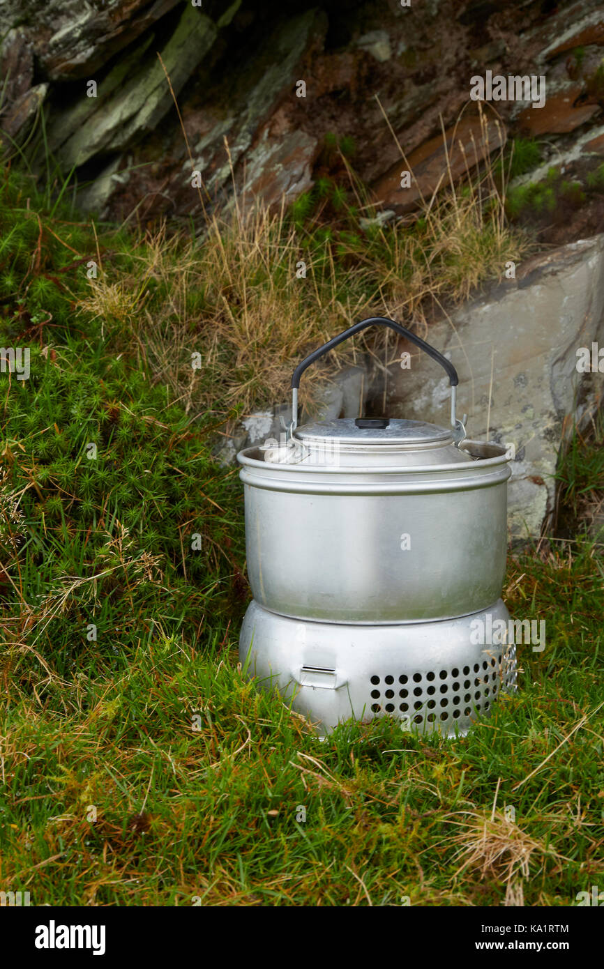 Trangia Camping Stove Boiling a Kettle Outdoors Wales UK Stock Photo