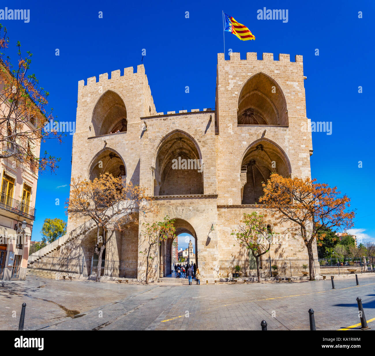 Old city gate, Torres de Serranos in Valencia, Spain Stock Photo