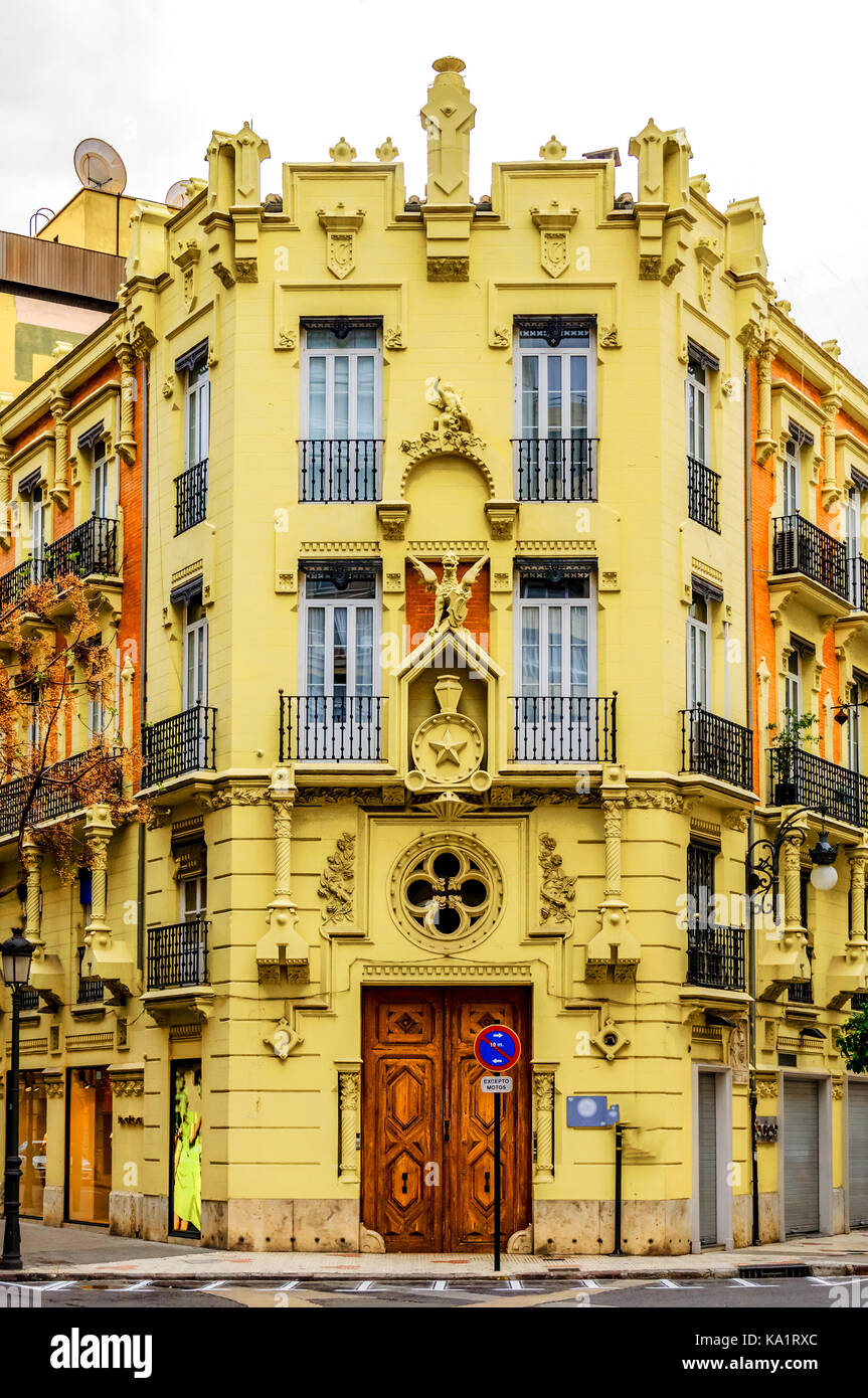 Vintage Apartament Building Block Exterior Facade,Valencia,Spain Stock Photo