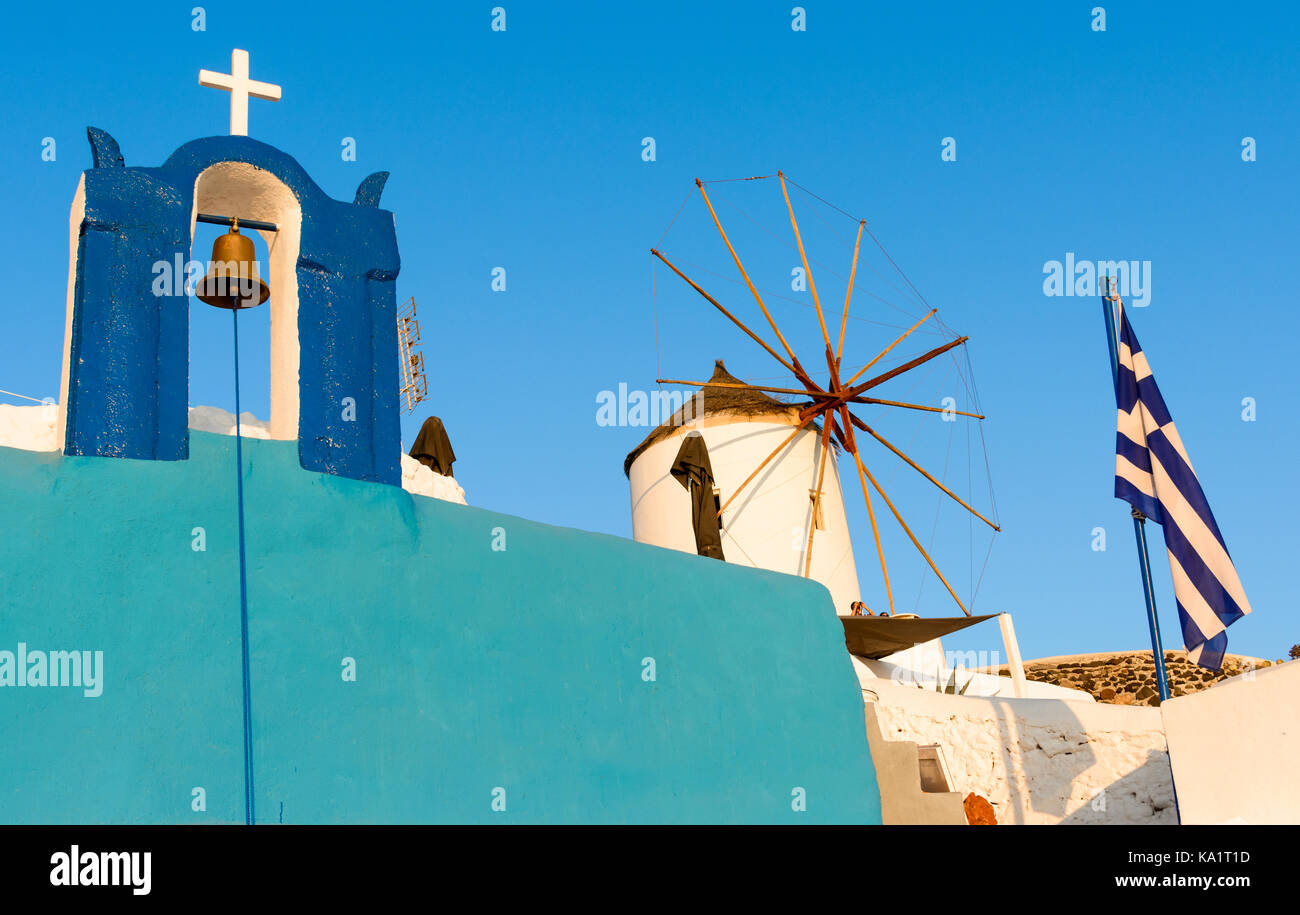 Windmill on the streets of Oia, santorini, Greece, Caldera,Aegea Stock Photo