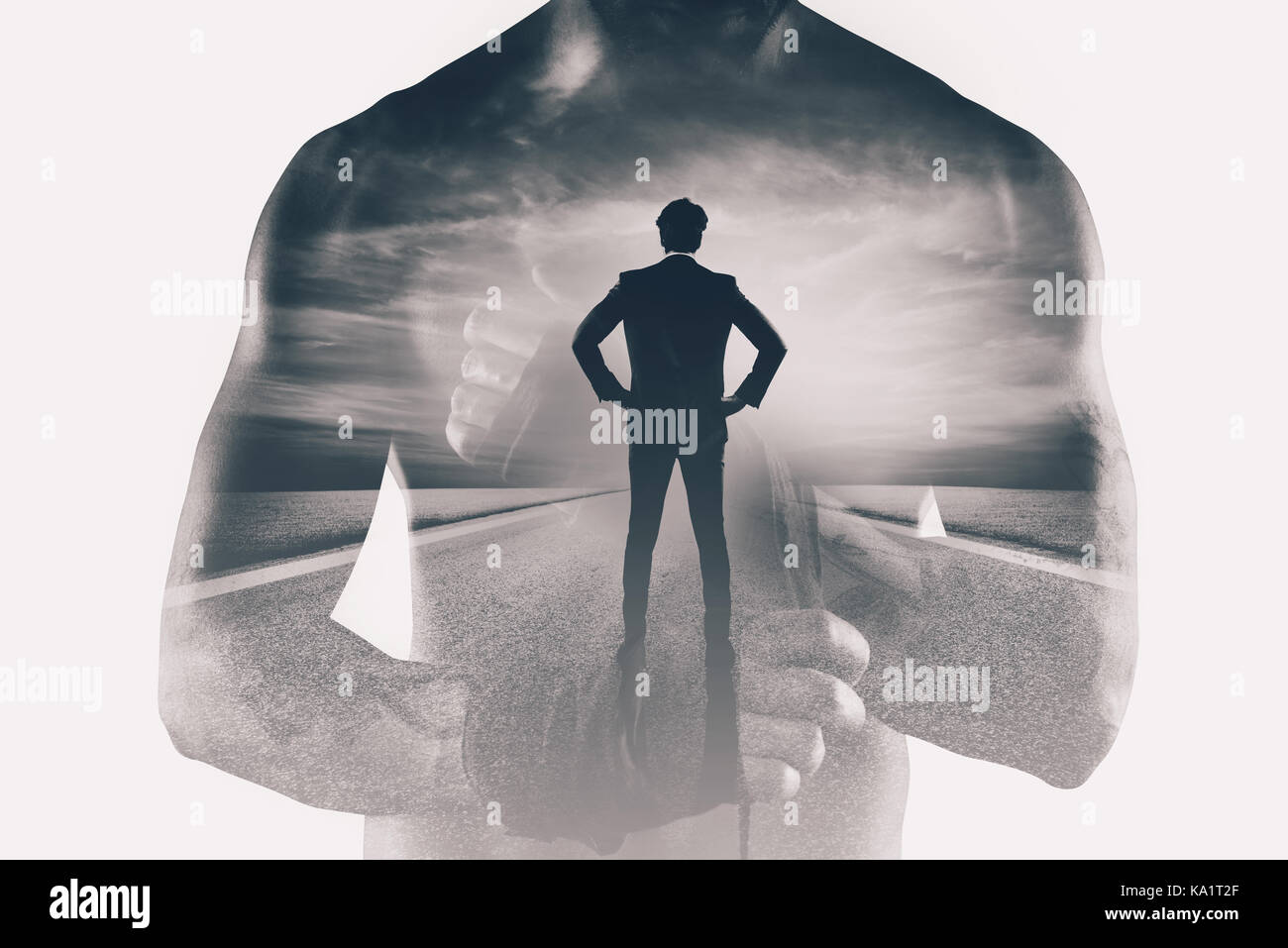 Power and determination of a fighter businessman. Double exposure Stock Photo