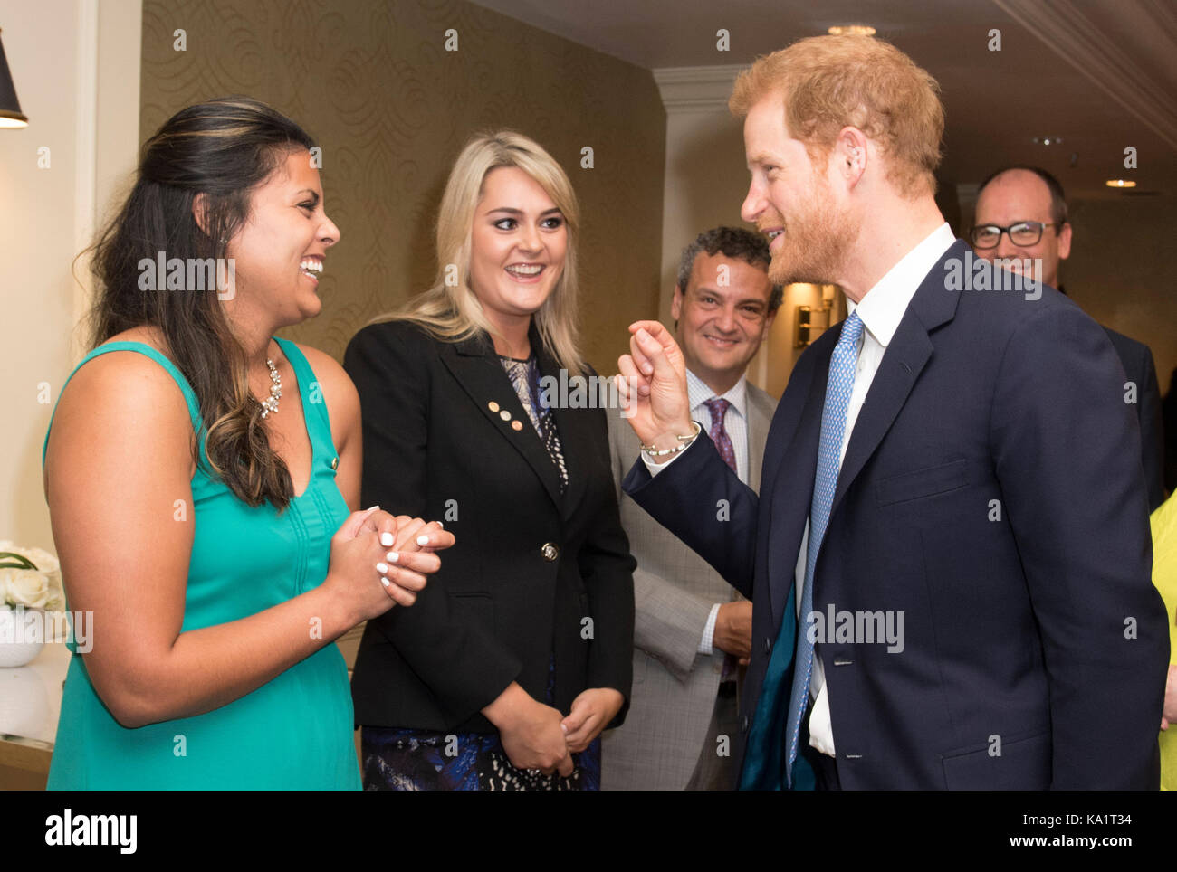 Prince Harry meets Jessica Silva and Augusta White during Duke of Edinburgh's International Gold Award Ceremony at the Fairmont York, Toronto, Canada. Stock Photo