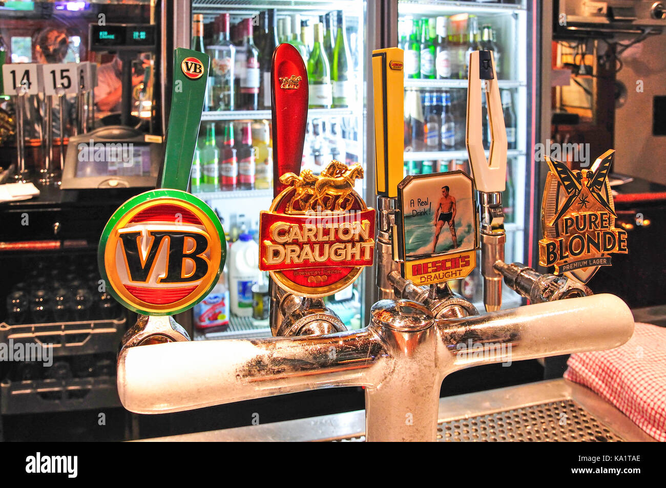 Beer taps in Great Southern Bar. George Street, Central Business District, Sydney, New South Wales, Australia Stock Photo