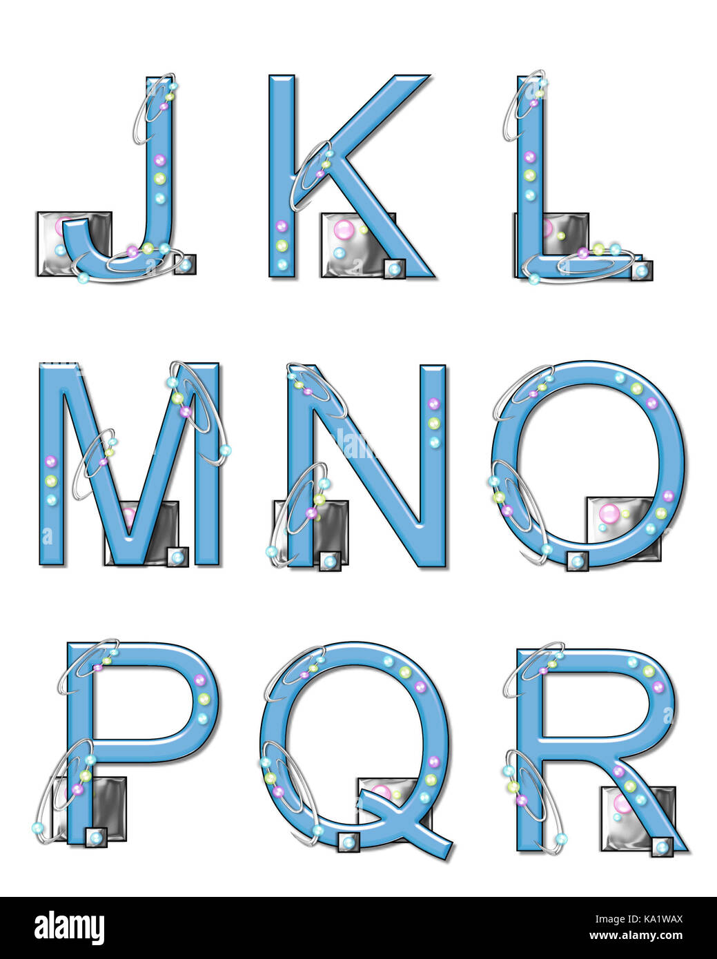 The letters J to R, in the alphabet set 'Mod Elements', is 3D blue.  Metal swirl threaded with colorful beads decorate letter.  Metal squares sit at b Stock Photo