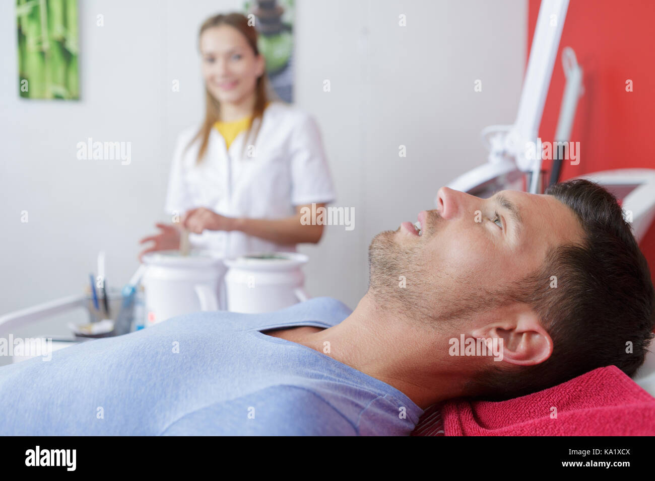 man is relaxing before a massage and spa treatment Stock Photo Alamy