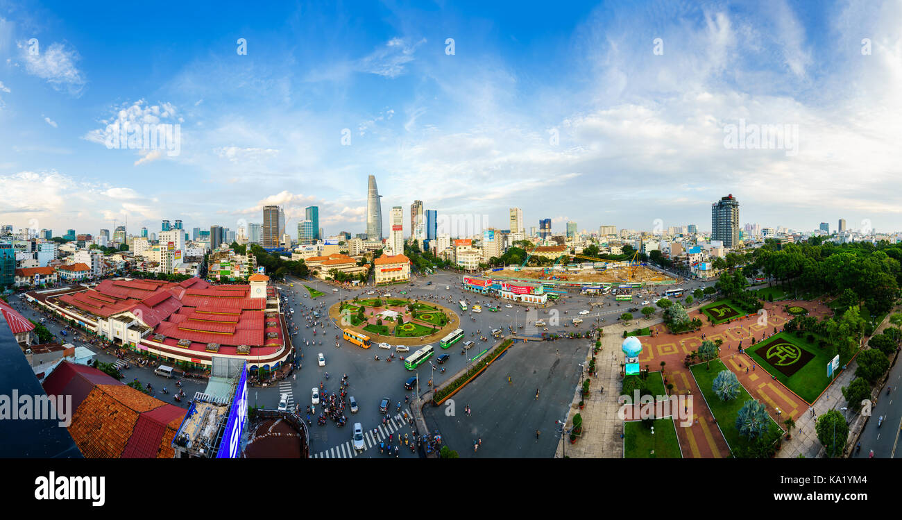 Ho Chi Minh city, Vietnam - Jun 26, 2015: Panorama of downtown Saigon and Ben Thanh Market in sunset, Vietnam. The market is symbol of Saigon Stock Photo