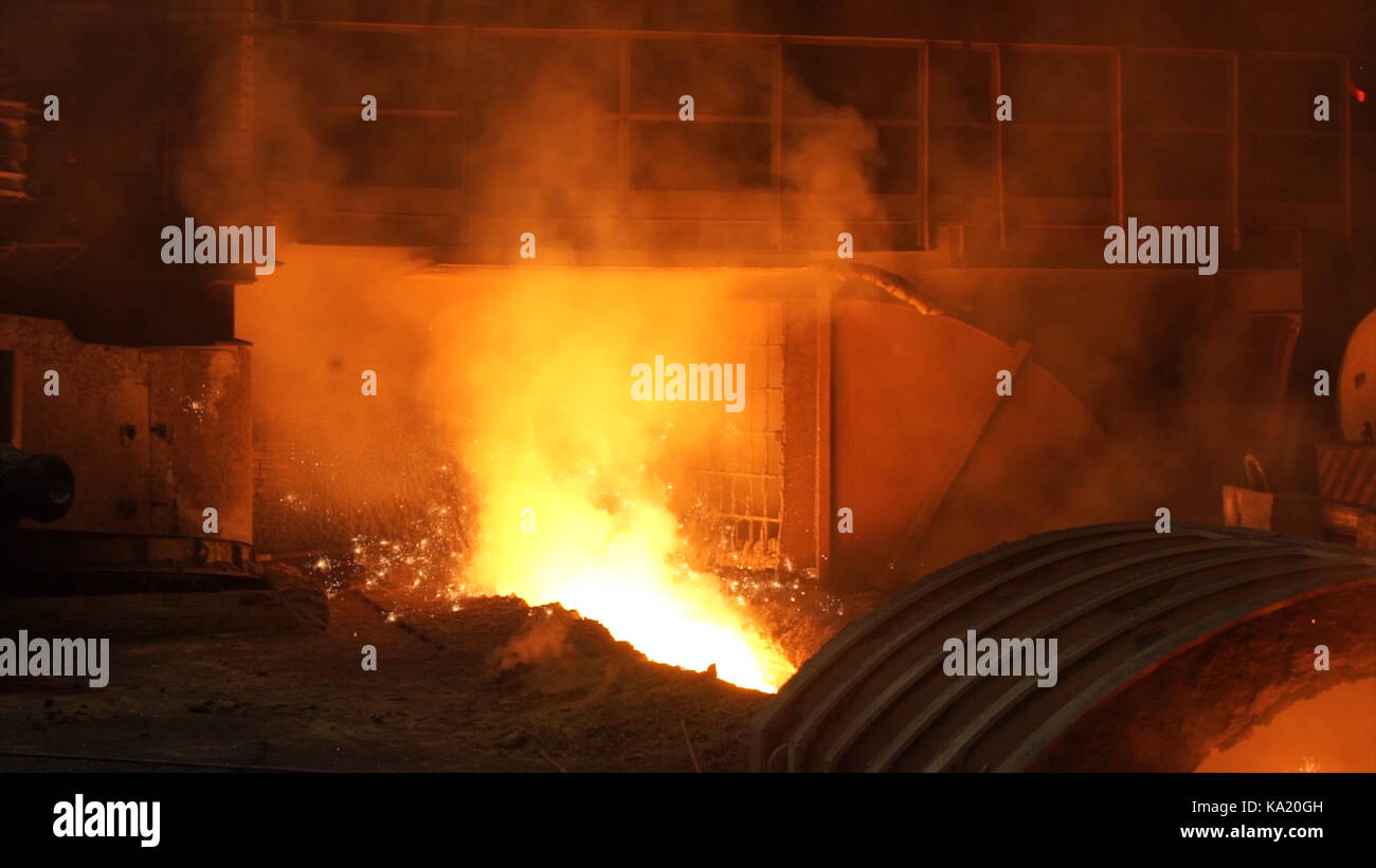 Liquid metal from blast furnace. Liquid iron from ladle in the
