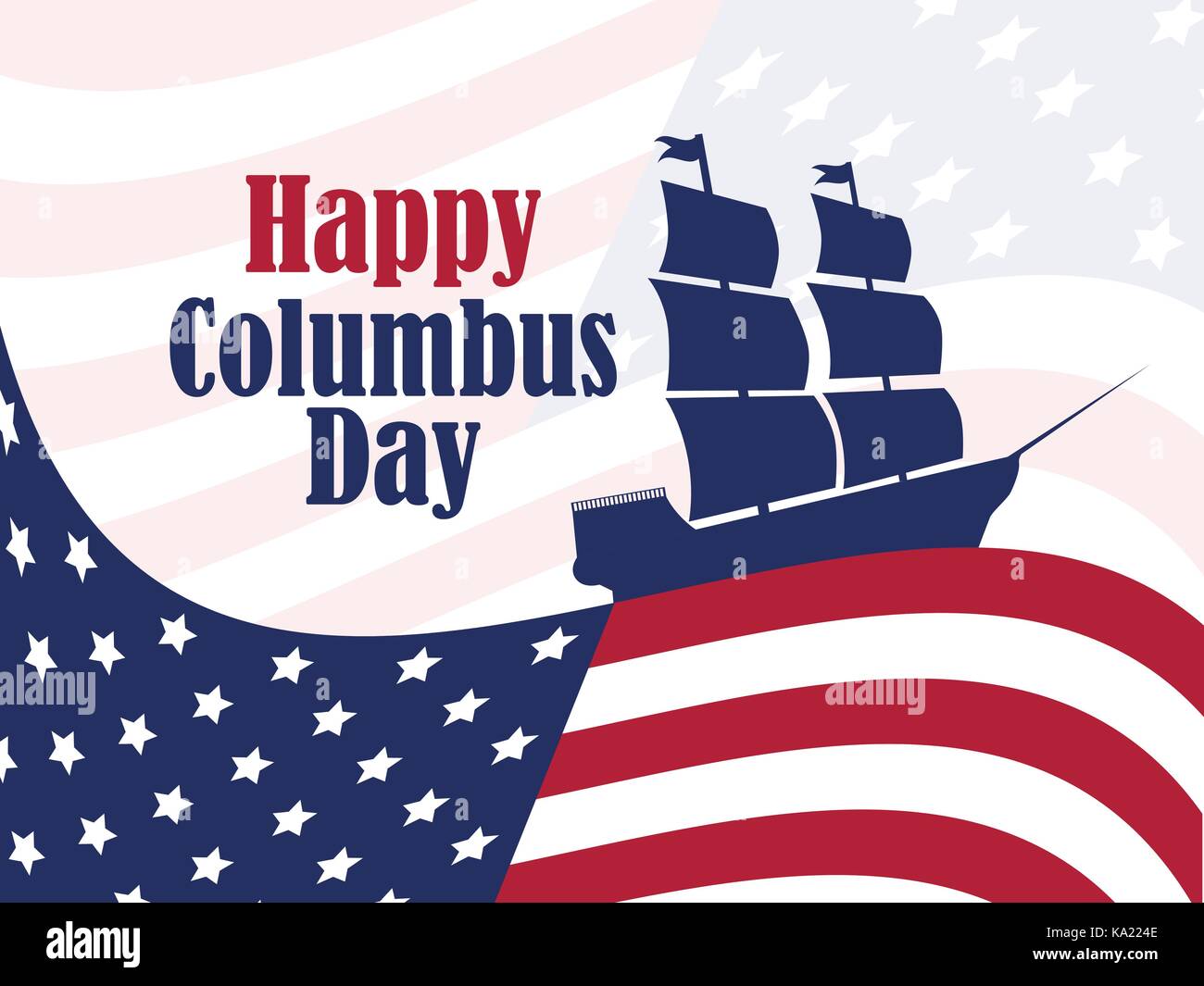 Columbus Day, the discoverer of America, usa flag and ship, holiday banner. Sailing ship with