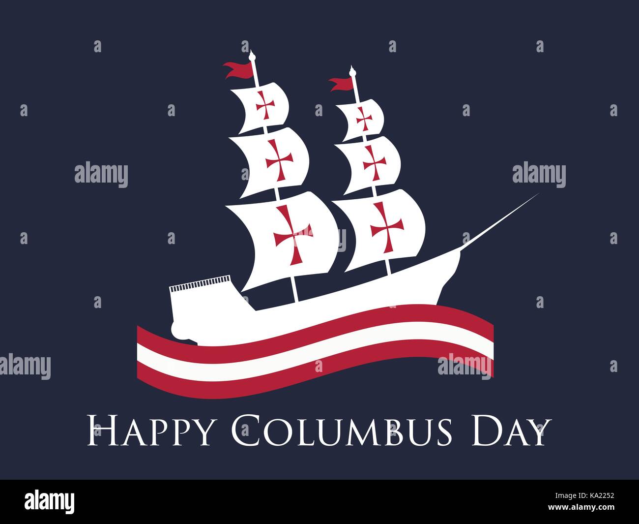 Happy Columbus Day, the discoverer of America, waves and ship, holiday