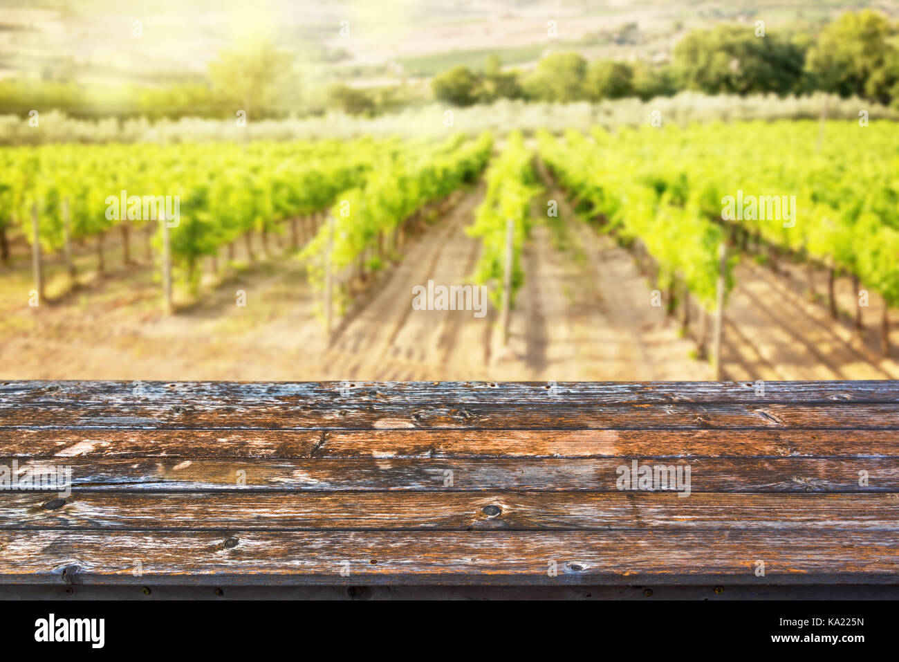 Empty wooden table top, sunny vineyard background, ready to use for display or montage of your products Stock Photo