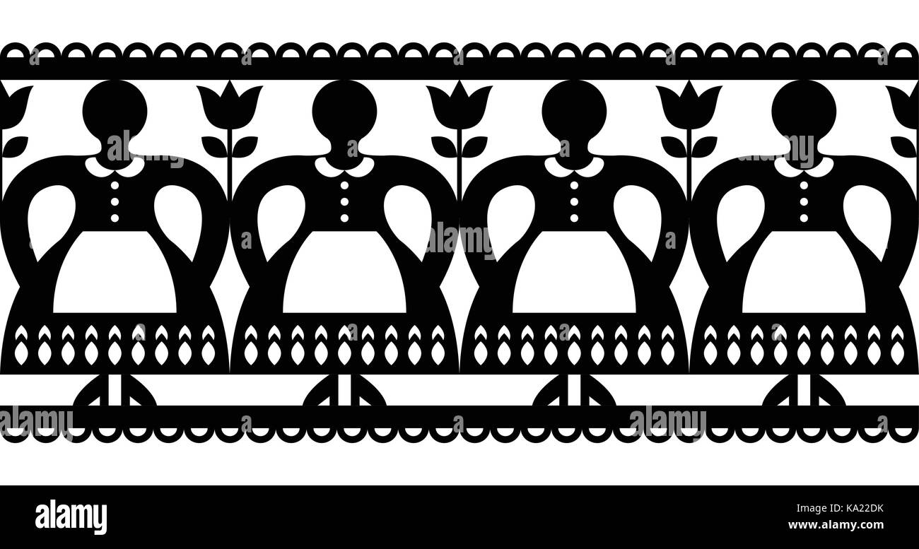Polish Folk art vector cutout pattern with women, Kurpie Papercuts seamless design - Wycinanka Kurpiowska Stock Vector