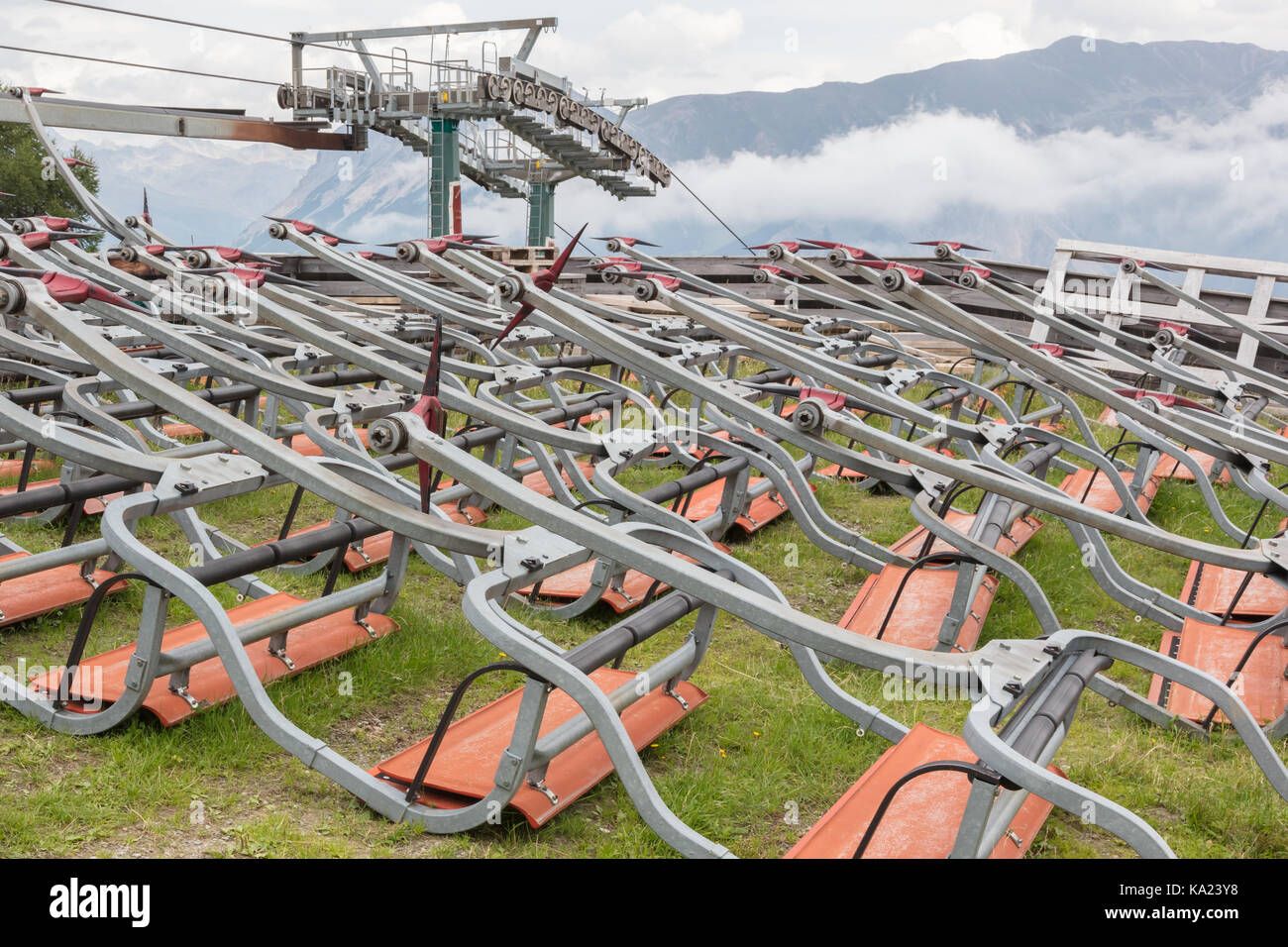 Ski lift chairs waiting to be used in the Alps - Austria Stock Photo ...