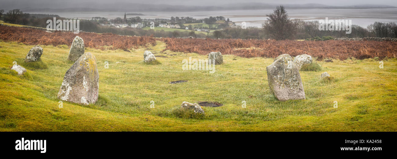 A panoramic photograph of The Druid's Circle on Birkrigg Common