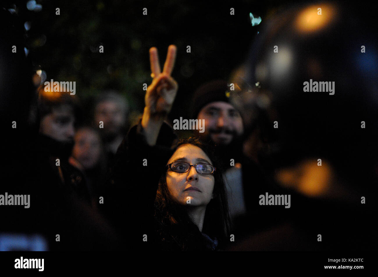 Demonstrators seen in front of the club. More than 1000 people demonstrate in front of a club in Berlin, where the AfD is organizing its election party. Stock Photo