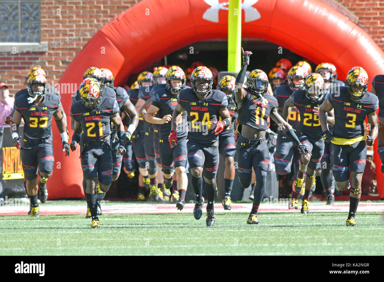 College Park, Maryland, USA. 23rd Sep, 2017. Maryland Terrapins quarterback KASIM HILL (11) leads his team on the field prior to a game played at Maryland Stadium at College Park, MD. UCF beat Maryland 38-10. Credit: Ken Inness/ZUMA Wire/Alamy Live News Stock Photo