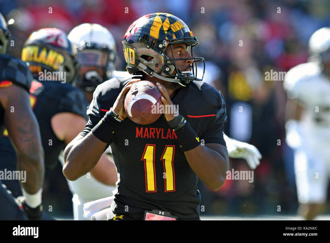 College Park, Maryland, USA. 23rd Sep, 2017. Maryland Terrapins quarterback KASIM HILL (11) throws a pass during a game played at Maryland Stadium at College Park, MD. UCF beat Maryland 38-10. Credit: Ken Inness/ZUMA Wire/Alamy Live News Stock Photo