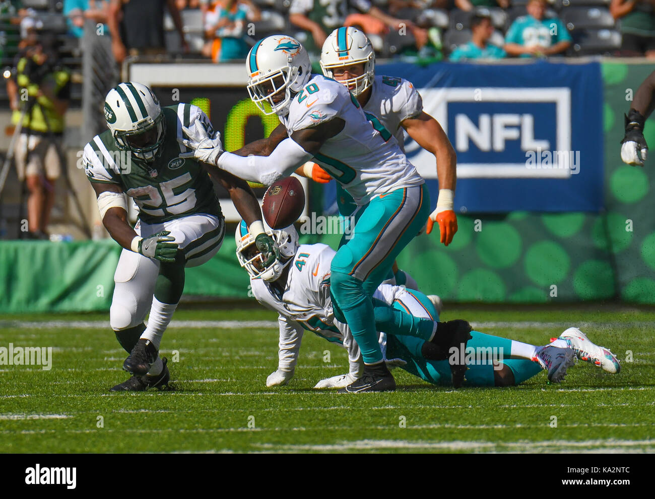 East Rutherford, New Jersey, USA. 24th Sep, 2017. Elijah McGuire (25) fumbles during a game against the Miami Dolphins at Metlife Stadium in East Rutherford, New Jersey. Gregory Vasil/Cal Sport Media/Alamy Live News Stock Photo