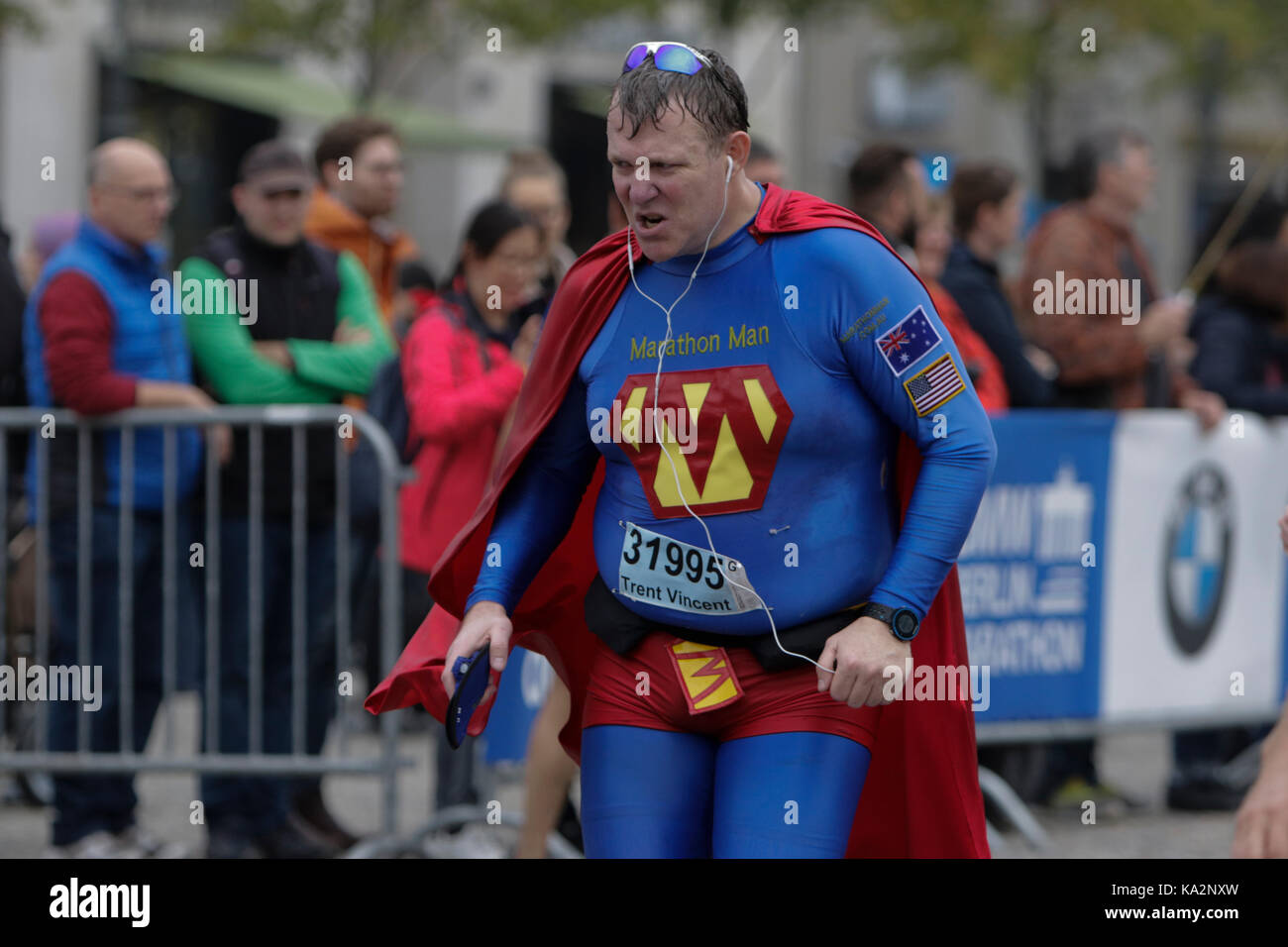 Berlin, Germany. 24th September 2017. A runner is dressed as Marathon Man super hero. More than 43,000 runners from 137 nations took to the streets of Berlin to participate in the 44th BMW Berlin Marathon. Credit: Michael Debets/Alamy Live News Stock Photo