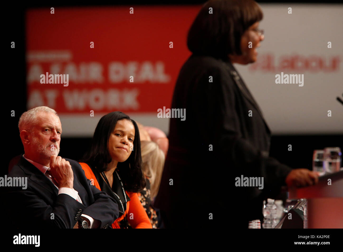 Brighton, UK. 24th September, 2017. Jeremy Corbyn, leader of Britain's opposition Labour party listens to Diane Abbott, Shadow Home Secretary, during the annual Labour Party Conference in Brighton, UK Sunday, September 24, 2017. Photograph : Credit: Luke MacGregor/Alamy Live News Stock Photo