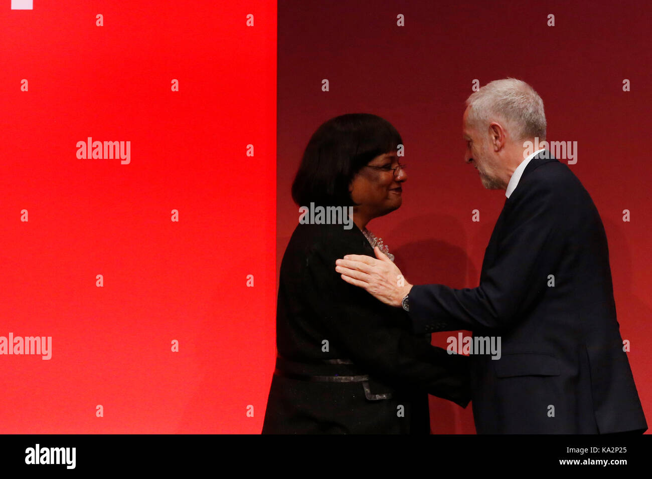 Brighton, UK. 24th September, 2017. Jeremy Corbyn, leader of Britain's opposition Labour party congratulates Diane Abbott, Shadow Home Secretary, after her speech during the annual Labour Party Conference in Brighton, UK Sunday, September 24, 2017. Photograph : Credit: Luke MacGregor/Alamy Live News Stock Photo