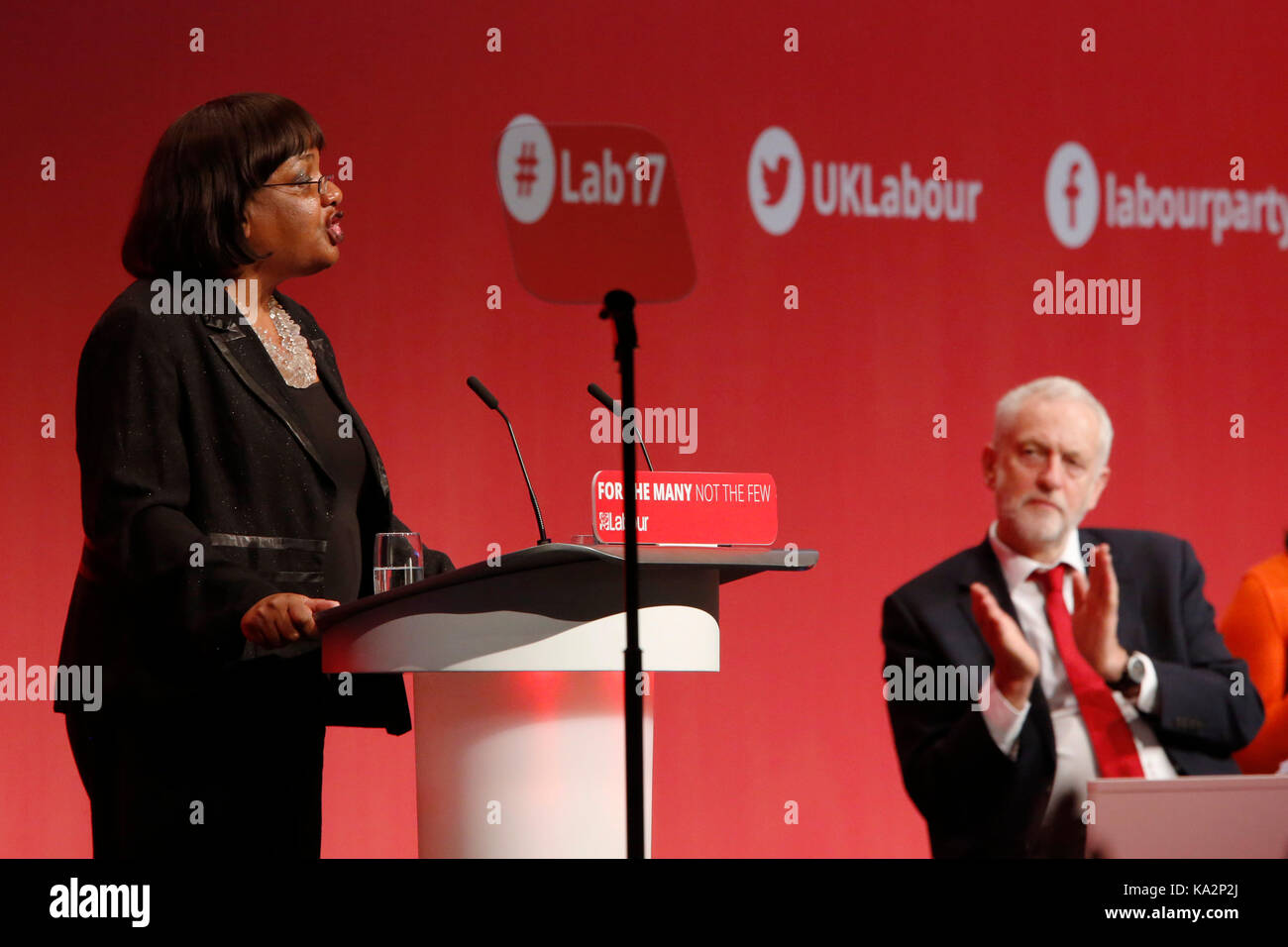 Brighton, UK. 24th September, 2017. Jeremy Corbyn, leader of Britain's opposition Labour party listens to Diane Abbott, Shadow Home Secretary, as she makes a speech during the annual Labour Party Conference in Brighton, UK Sunday, September 24, 2017. Photograph : Credit: Luke MacGregor/Alamy Live News Stock Photo