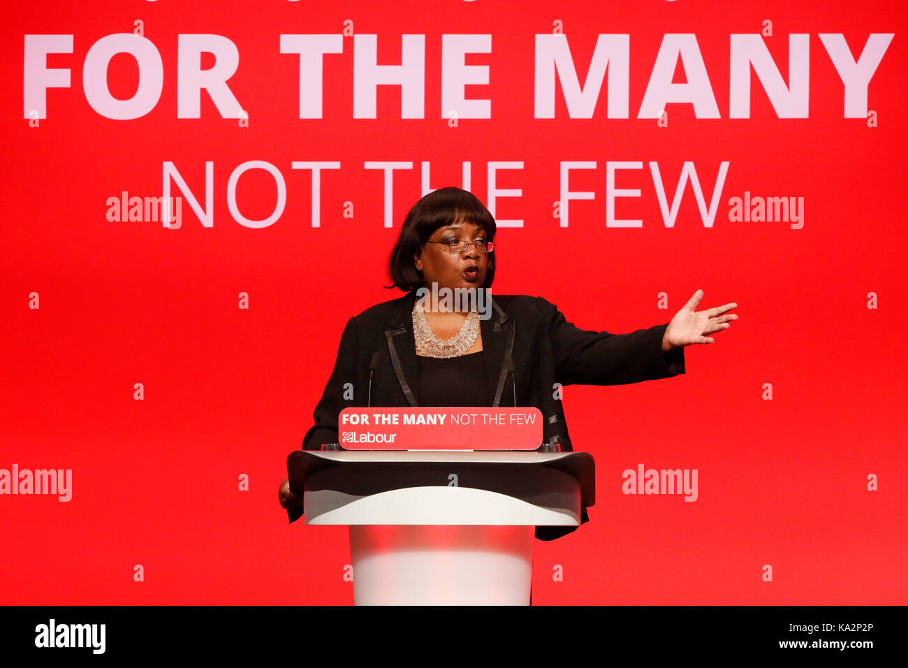 Brighton, UK. 24th September, 2017. Diane Abbott, Shadow Home Secretary, makes a speech during the annual Labour Party Conference in Brighton, UK Sunday, September 24, 2017. Photograph : Credit: Luke MacGregor/Alamy Live News Stock Photo