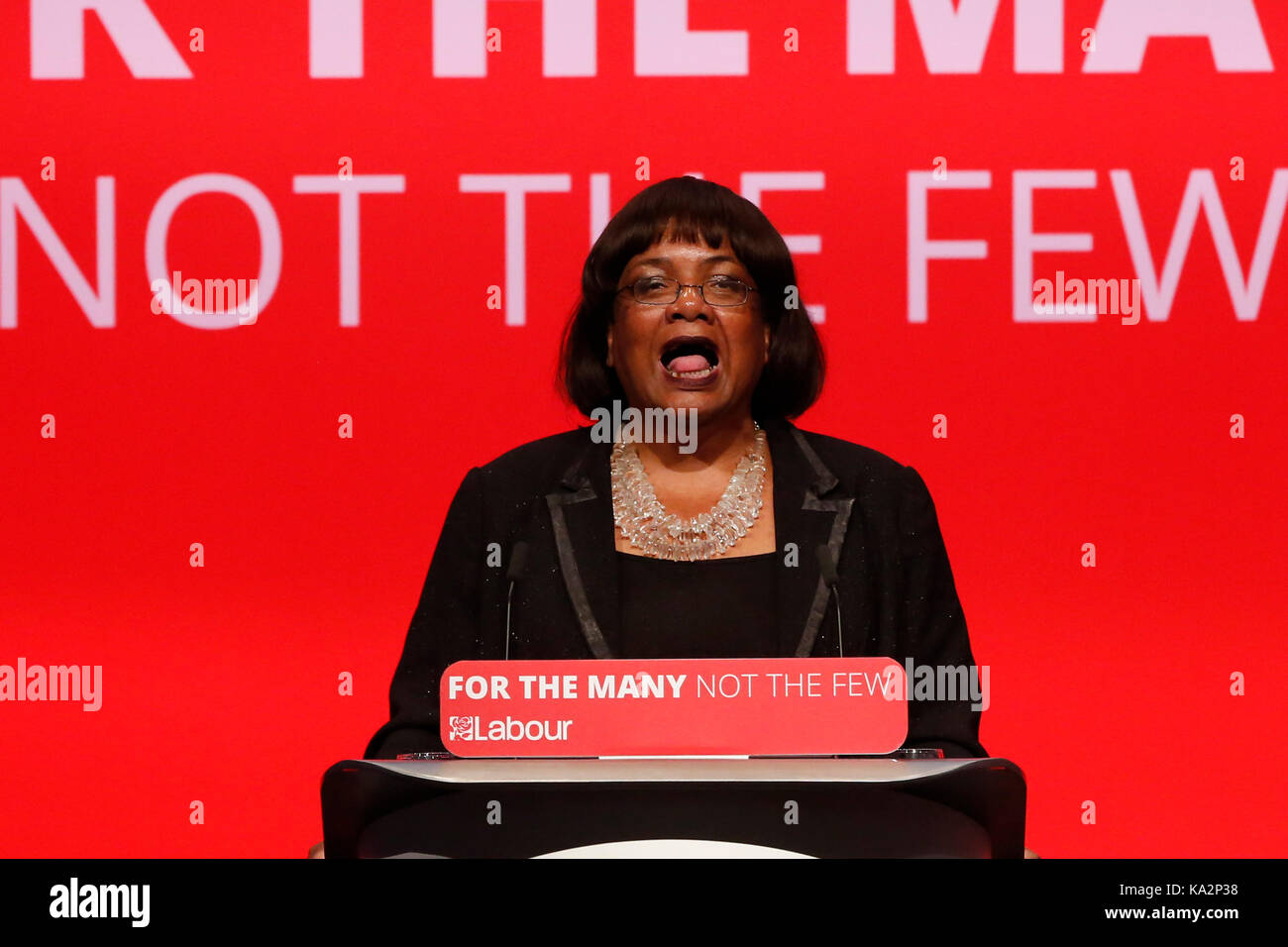 Brighton, UK. 24th September, 2017. Diane Abbott, Shadow Home Secretary, makes a speech during the annual Labour Party Conference in Brighton, UK Sunday, September 24, 2017. Photograph : Credit: Luke MacGregor/Alamy Live News Stock Photo