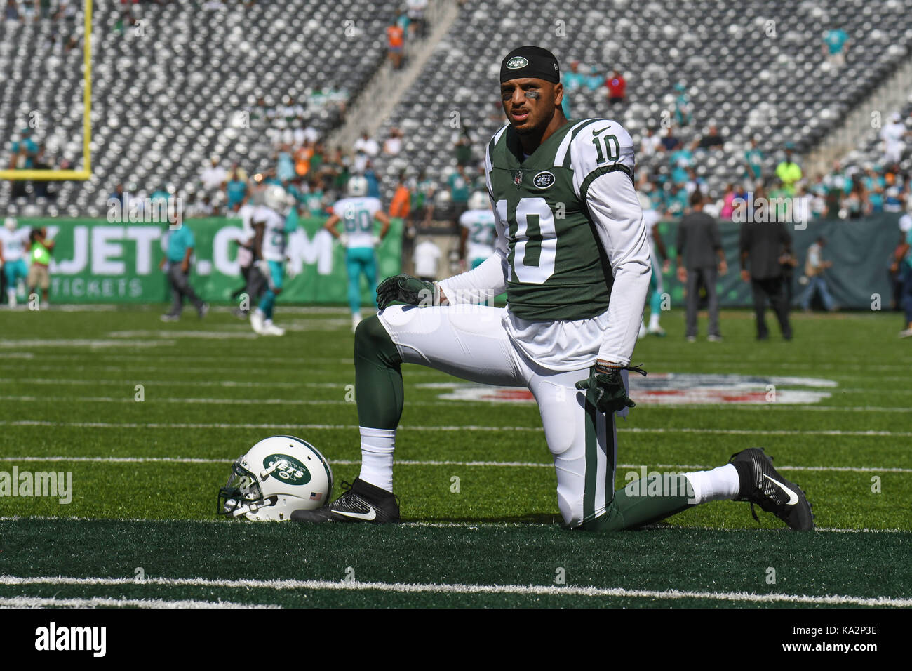 East Rutherford, New Jersey, USA. 24th Sep, 2017. Jermaine Kearse (10) of the New York Jets stretches prior to a game against the Miami Dolphins at Metlife Stadium in East Rutherford, New Jersey. Gregory Vasil/Cal Sport Media/Alamy Live News Stock Photo