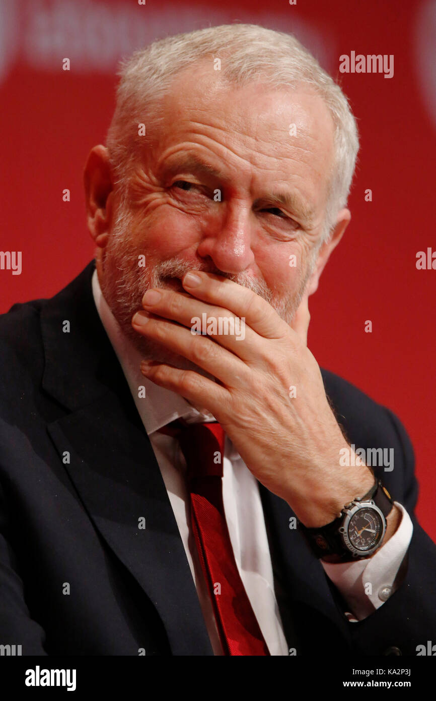 Brighton, UK. 24th September, 2017. ¤Jeremy Corbyn, leader of Britain's opposition Labour party touches his face during the annual Labour Party Conference in Brighton, UK Sunday, September 24, 2017. Photograph : Credit: Luke MacGregor/Alamy Live News Stock Photo