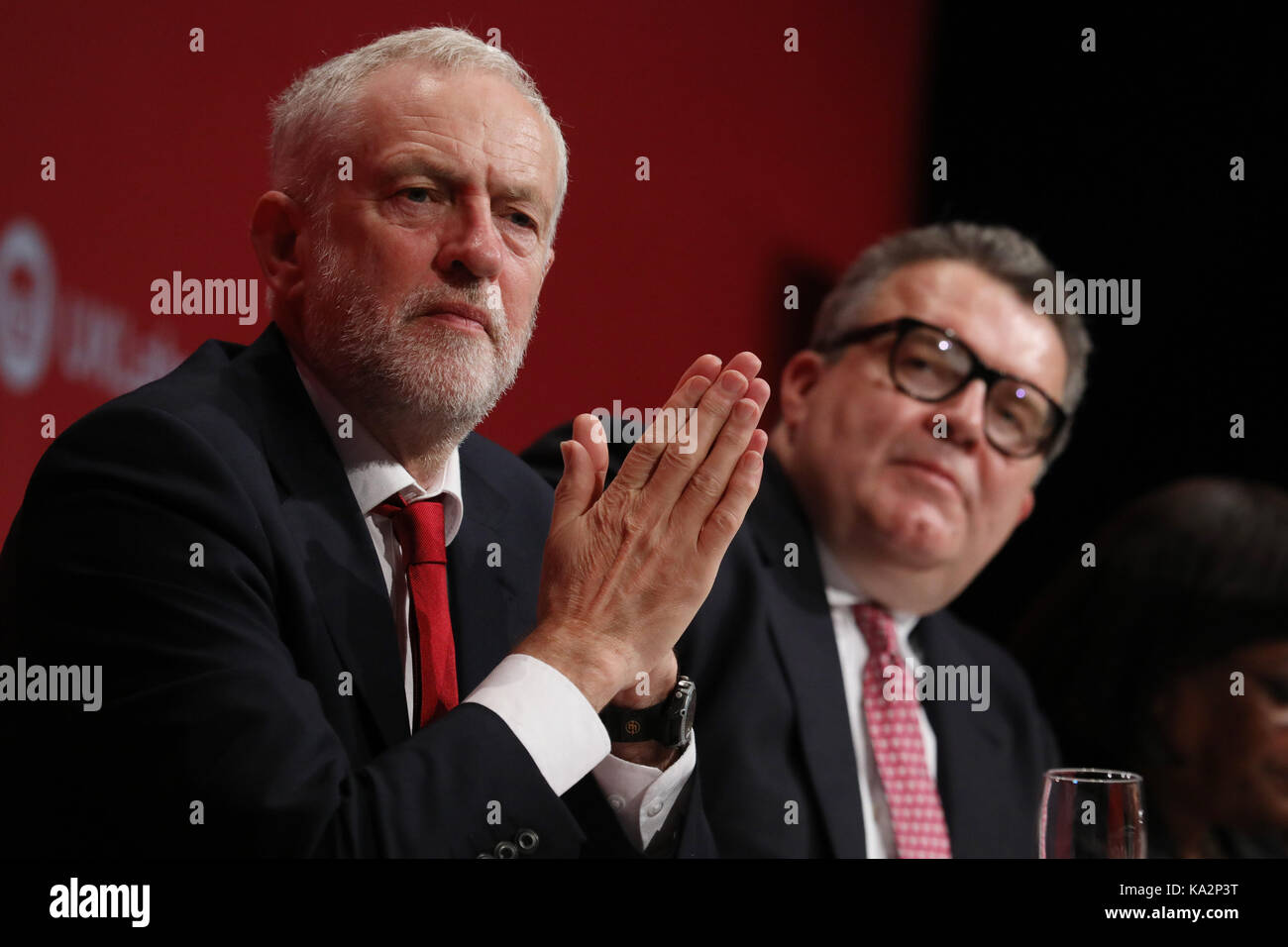 Brighton, UK. 24th September, 2017. Jeremy Corbyn (L), leader of Britain's opposition Labour party sits alongside Deputy Tom Watson during the annual Labour Party Conference in Brighton, UK Sunday, September 24, 2017. Photograph : Credit: Luke MacGregor/Alamy Live News Stock Photo