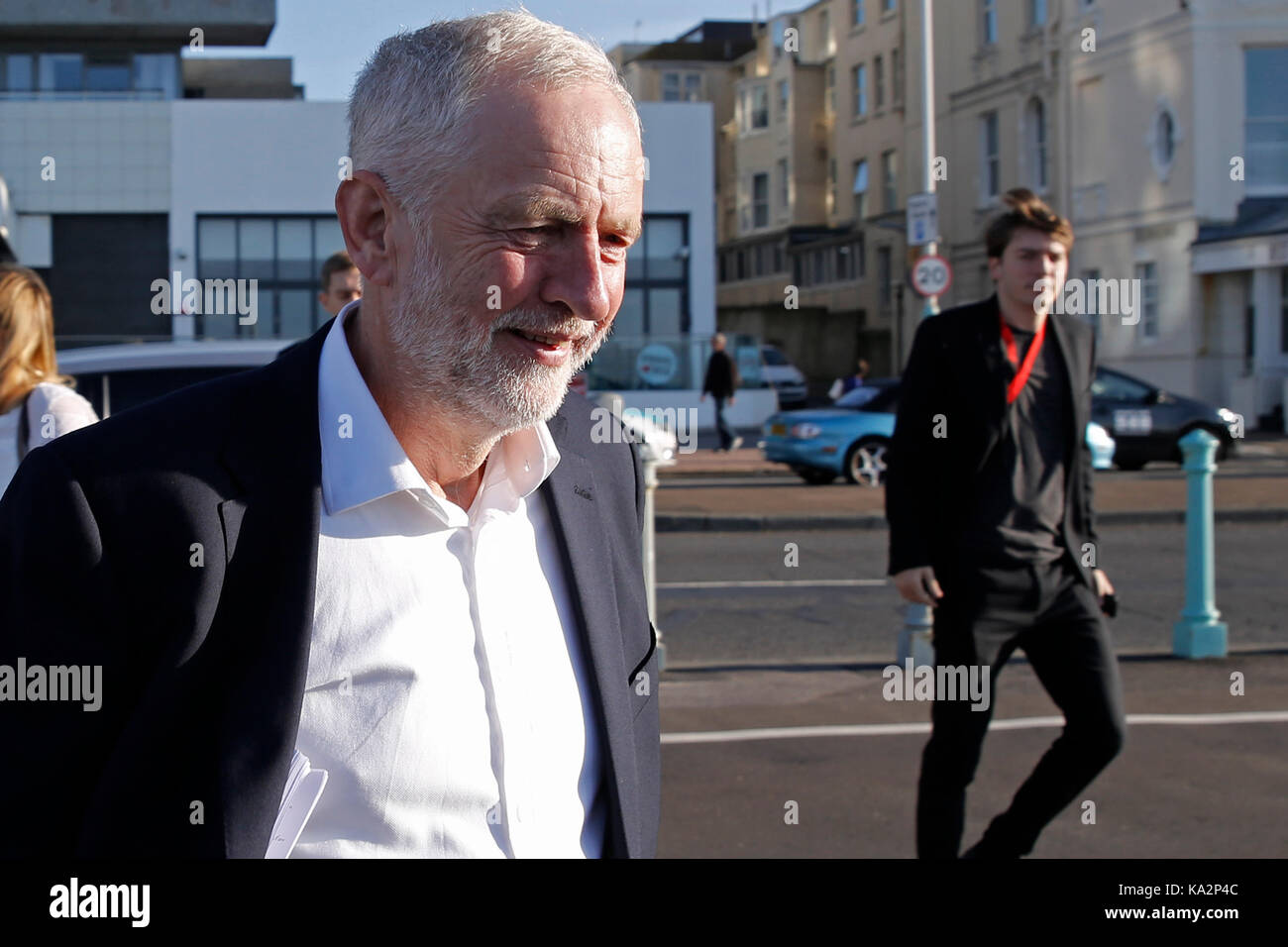 Brighton, UK. 24th September, 2017. Jeremy Corbyn, leader of Britain's opposition Labour party arrives to do an interview for the 'Andrew Marr Show' during the annual Labour Party Conference in Brighton, UK Sunday, September 24, 2017. Photograph : Credit: Luke MacGregor/Alamy Live News Stock Photo