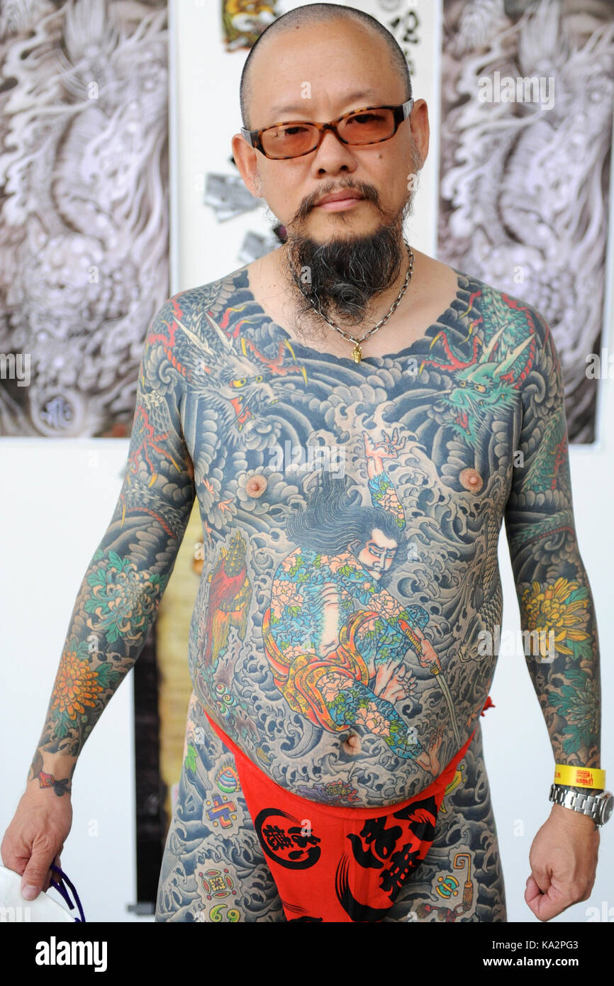 London, UK. 24th September, 2017. A man with a Japanese style body suit  tattoo at the 13th London International Tattoo Convention, which took place  over the weekend in Tobacco Dock, east London.