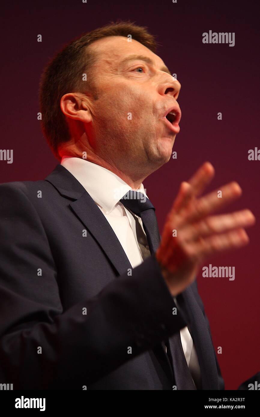 UK. 24th September, 2017. Iain McNicol General Secretary giving a speech at the Labour Party Conference Credit: Rupert Rivett/Alamy Live News Stock Photo