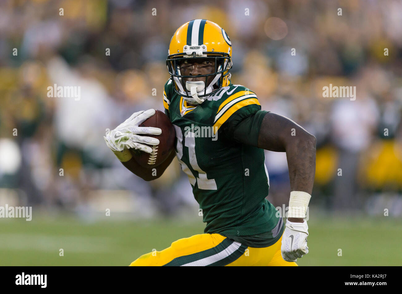 Oct 6, 2019: Green Bay Packers wide receiver Geronimo Allison #81 carries  the ball after a reception in the third quarter during an NFL game between  the Green Bay Packers and the