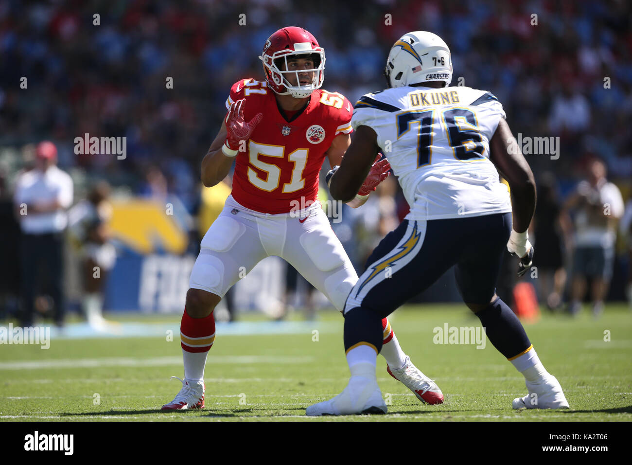 Carson, Ca. 24th Sep, 2017. Kansas City Chiefs outside linebacker Frank  Zombo #51 reading the play during the NFL Kansas City Chiefs vs Los Angeles  Chargers at Stubhub Center in Carson, Ca