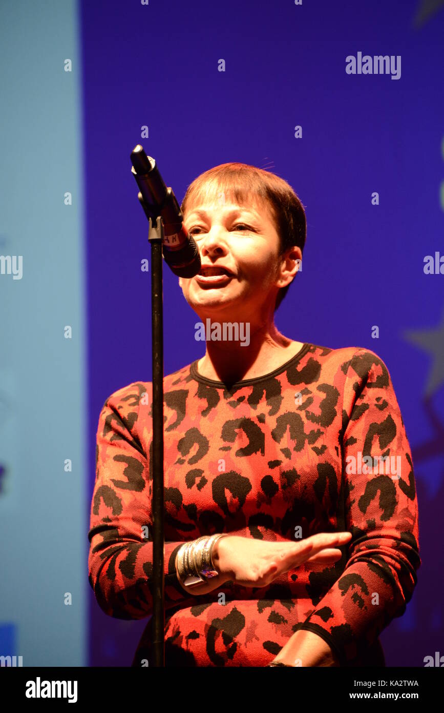 Brighton, UK. 24th September, 2017. After the Brighton and Hove for EU march and rally earlier in the day, Caroline Lucas, MP for Brighton Pavilion and co-leader of the Green Party, speaks to the marchers in the evening at the Brighton Dome theatre. Credit: Aztec Images/Alamy Live News Stock Photo